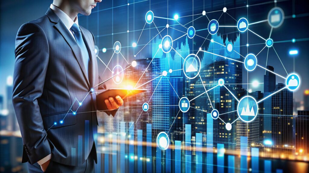 businessman using tablet with digital network graphic front cityscape
